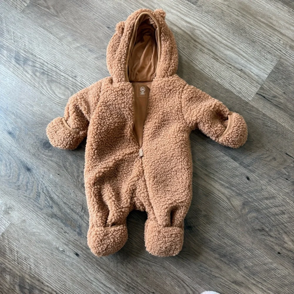Wonder Nation 3–6 M Brown Teddy Fleece Snowsuit • Bear‑Ear Hood • One‑Piece